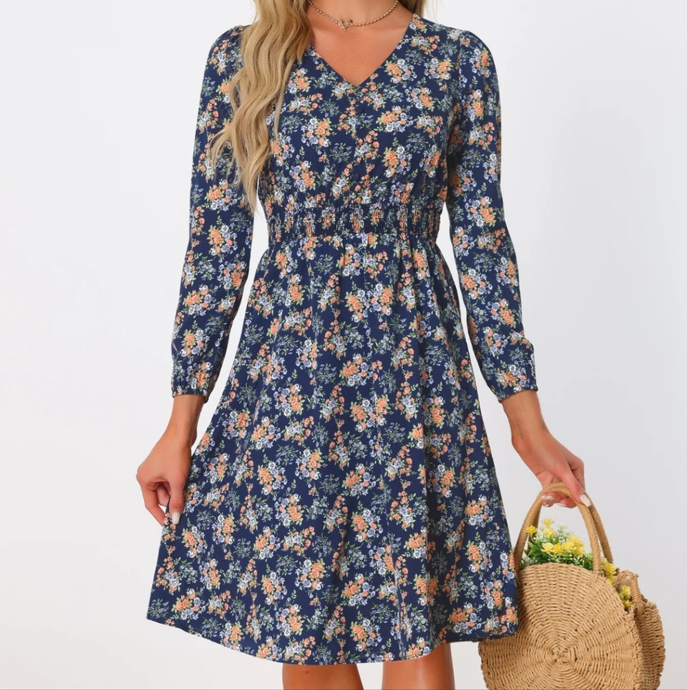Allegra K Vneck Longsleeve Blue And Orange Floral Dress